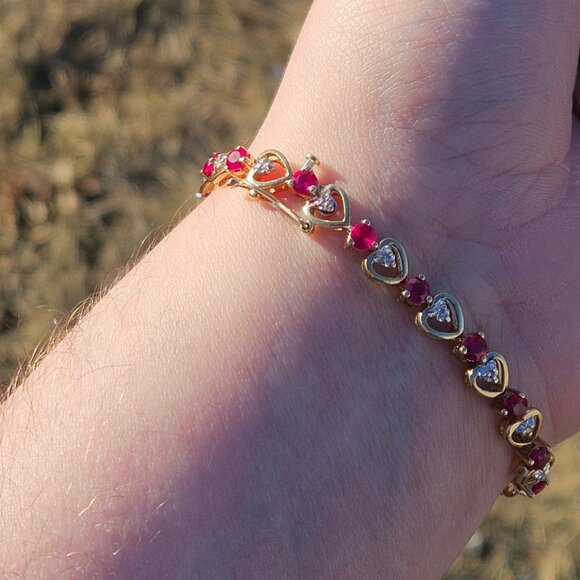 10KT Yellow Gold Diamond & Lab Grown Ruby Heart Link Tennis Bracelet 8 Inches - Picture 2 of 15